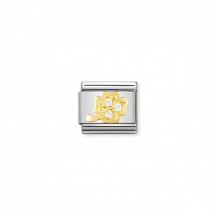 Nomination Classic Link Gold and Cubic Zirconia White Four-Leaf Clover Charm