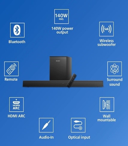 PHILIPS Wireless Home Theatre Sound bar 2.1, Wireless Subwoofer Dolby Digital