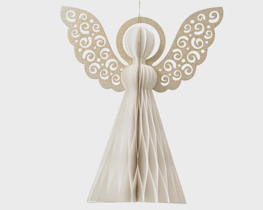 Glittered Honeycomb Paper Decoration - White Angel 15cm