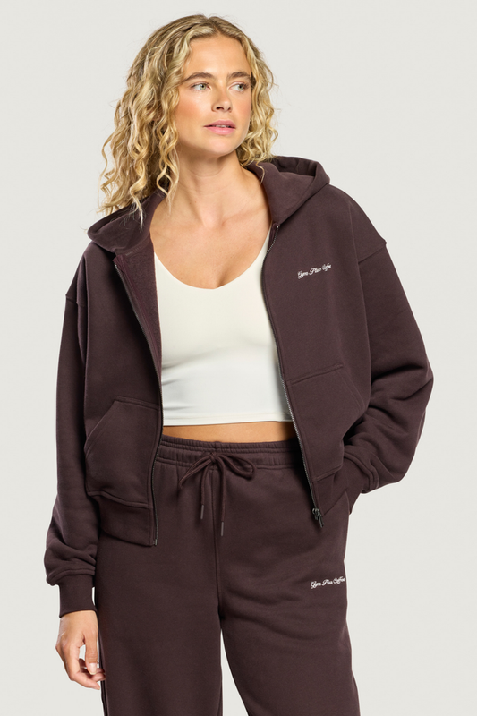 Gym+Coffee Daily Zip Hoodie Mocha Bean worn by model Shop Gym+Coffee at Dotique
