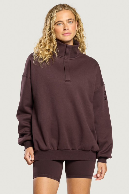 Gym+Coffee Knit Snap Collar Sierra Sweatshirt Mocha Bean worn by model Shop Gym+Coffee at Dotique