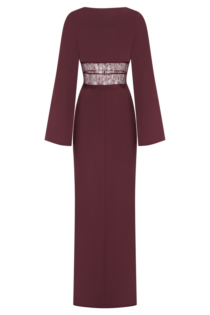 Kaya Long Sleeve Satin And Mesh Maxi Dress - Wine