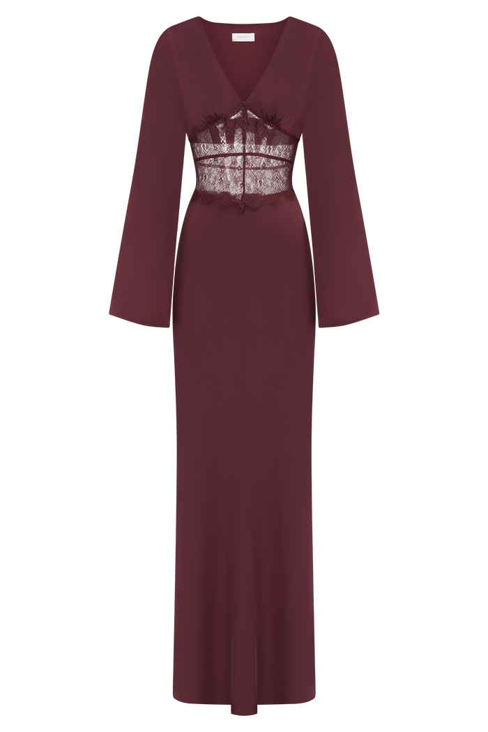 Kaya Long Sleeve Satin And Mesh Maxi Dress - Wine