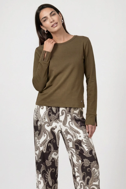 Monari 810053 Olive Cotton Jumper worn by model Shop Monari at Dotique