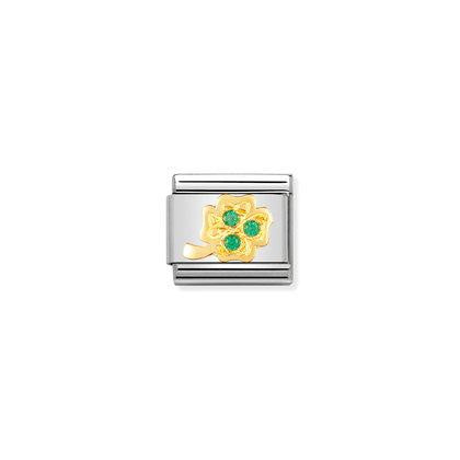 Nomination Classic Link Gold and Cubic Zirconia Green Four-Leaf Clover Charm