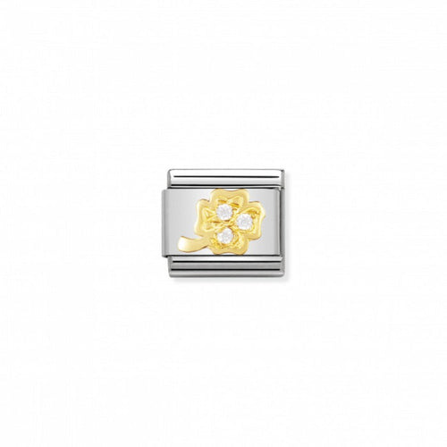 Nomination Classic Link Gold and Cubic Zirconia White Four-Leaf Clover Charm