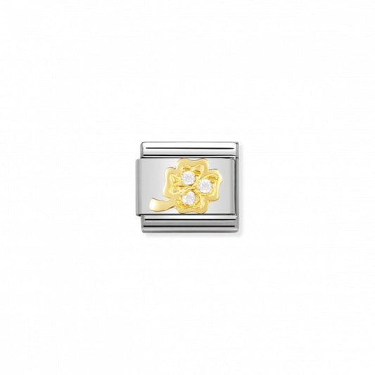Nomination Classic Link Gold and Cubic Zirconia White Four-Leaf Clover Charm