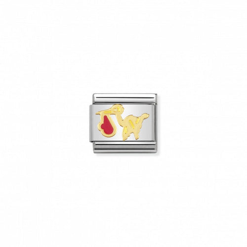 Nomination Classic Link Gold and Enamel Pink Stork Charm